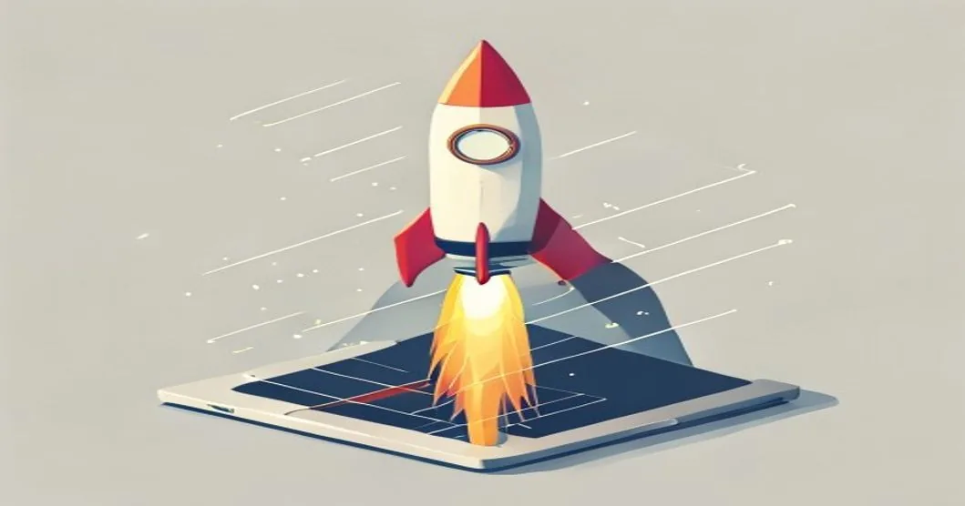 Build a SaaS MVP fast illustration showing stopwatch around a rocket launching from a laptop screen