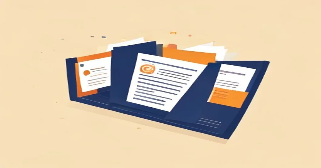 Technical SEO audit deliverables illustration showing open folder with report pages fanning out as artifact cards